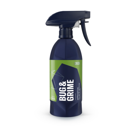 A dark blue spray bottle with green and silver stylings. The words "Bug & Grime" are clearly visible in a white font.