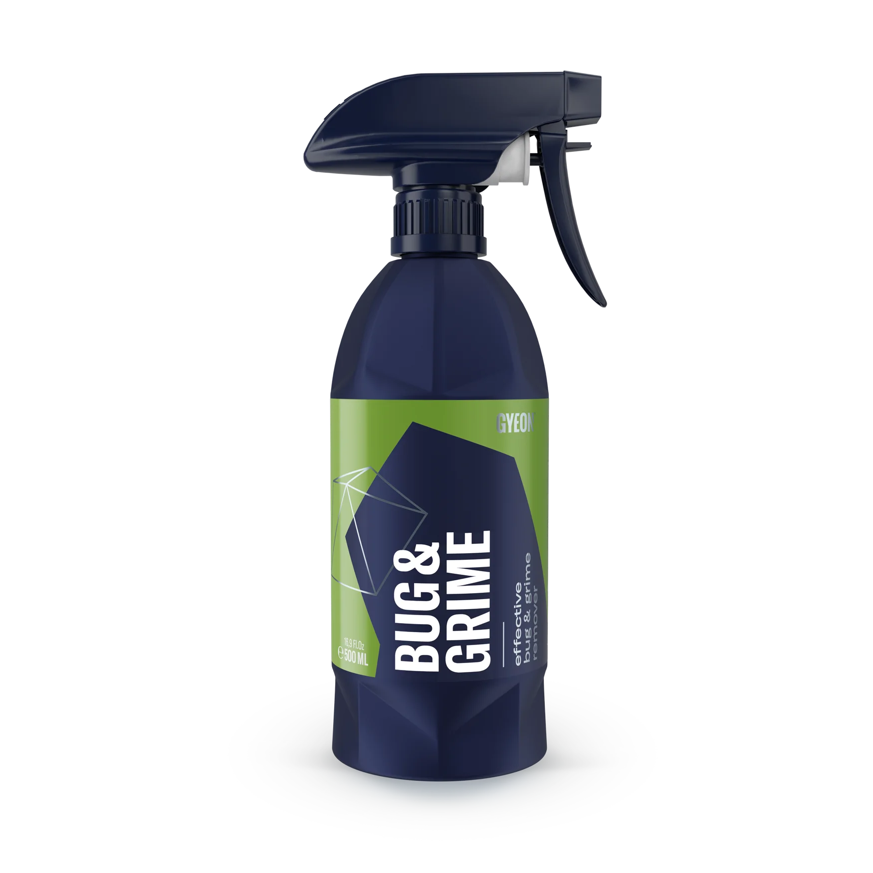 gyeon-bug-&-grime-malta A dark blue spray bottle with green and silver stylings. The words "Bug & Grime" are clearly visible in a white font.