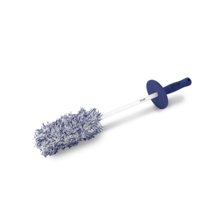A white tyre brush with a blue handle and white and blue bristles is set against a white background.