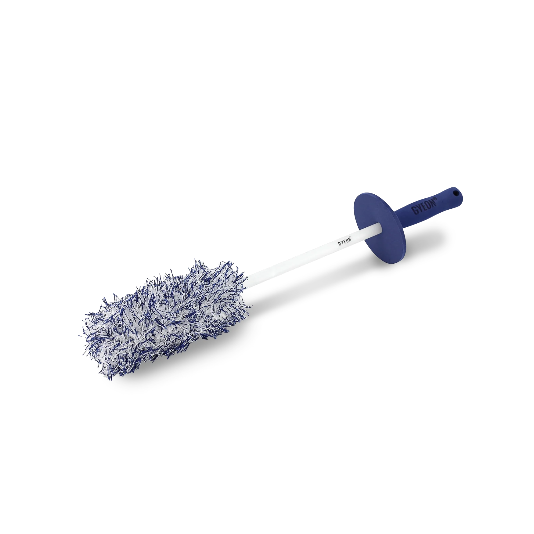 Wheel-brush A white tyre brush with a blue handle and white and blue bristles is set against a white background.