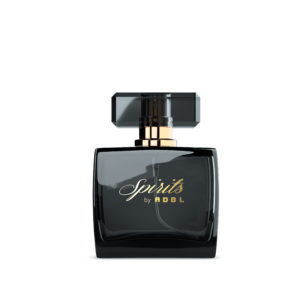 A black bottle of ADBL Spirits car perfume with an elegant gold-coloured neck and black stopper.