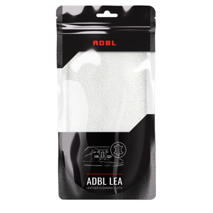 A white microfiber cloth (the ADBL Lea) in clear packaging.