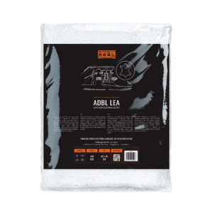 A white microfiber cloth (the ADBL Lea) in clear packaging.