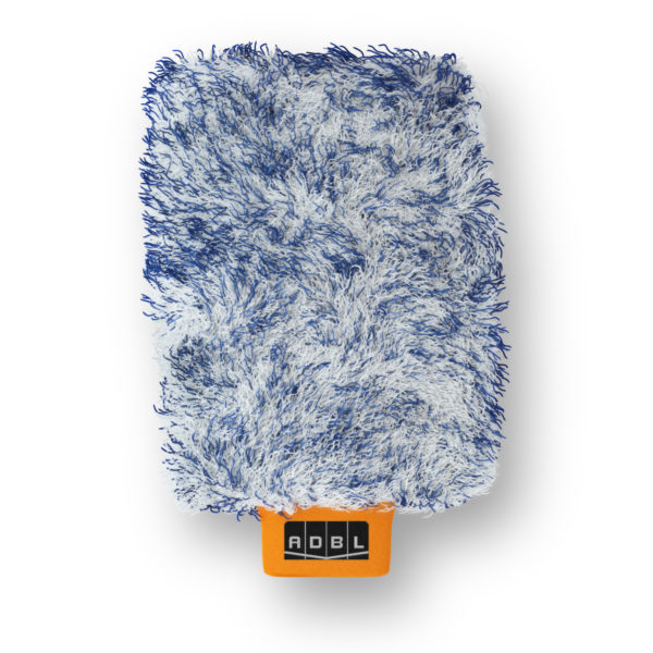 ADBL PROMITT - A professional wash mitt with blue and white microfiber strands and an orange cuff.
