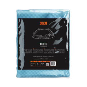 A blue microfibre glass cleaning cloth in clear packaging with ADBL product description in black.