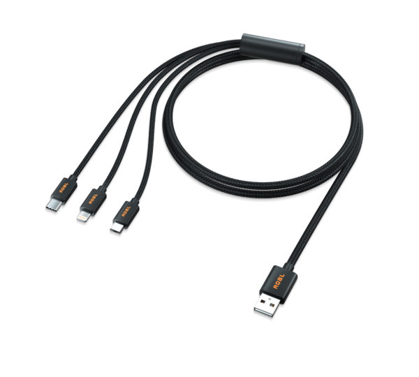 A black, chorded USB splitter with iPhone, USB-C and Micro-USB charging tips.