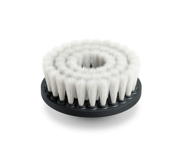 A leather brush machine polisher attachment with a black base and stiff, white bristles.