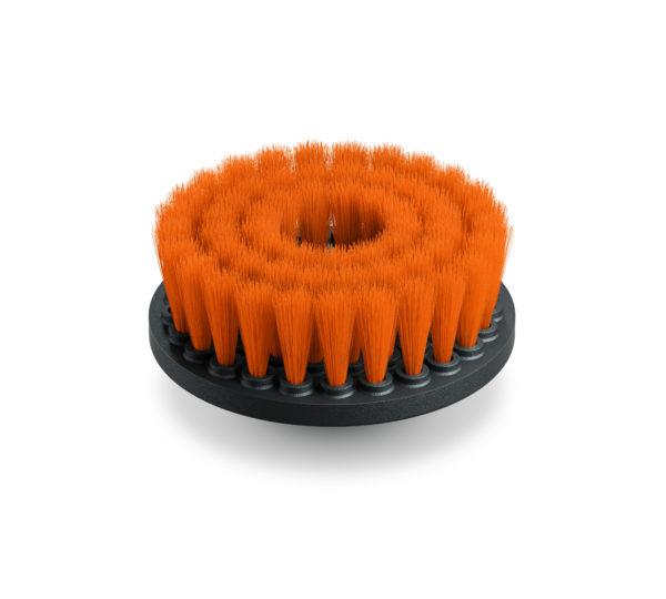 A round fabric brush with pliable orange bristles for use with polishing machines and drill drivers. The item has a solid black base.
