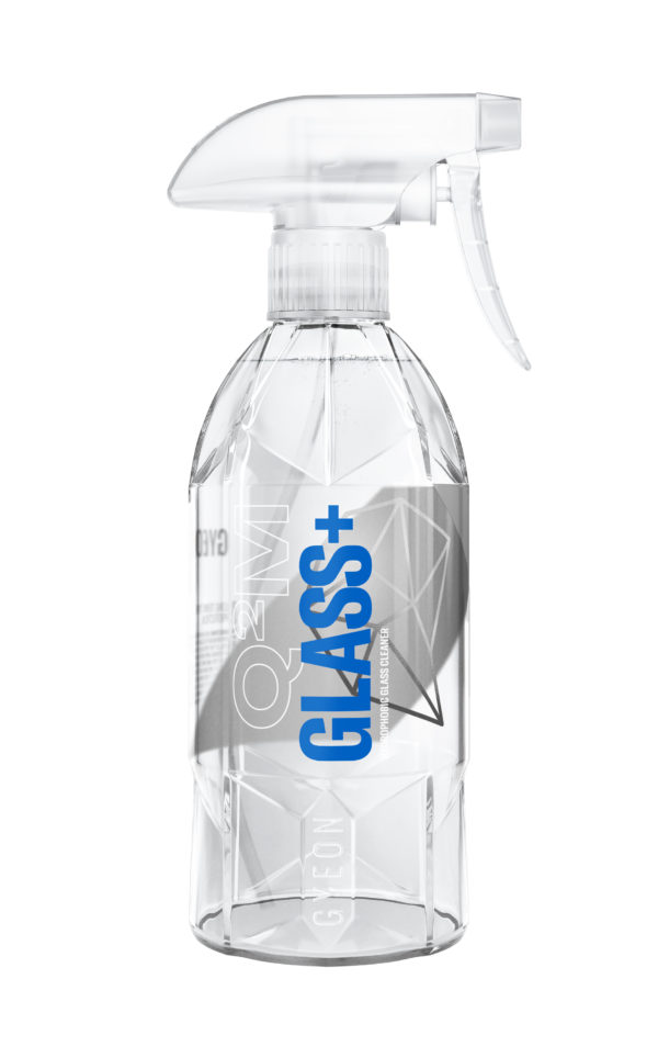 A clear 500ml bottle of GYEON Glass+ with a spray head.