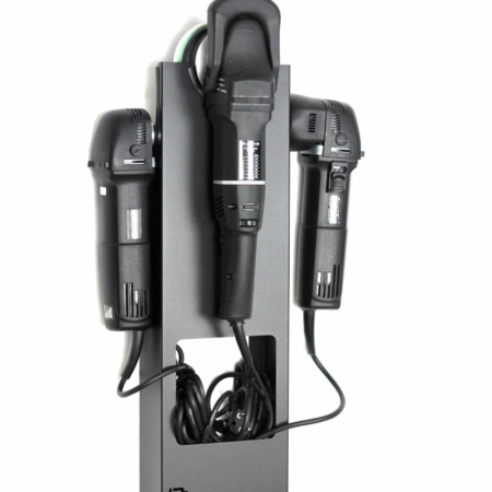 A black Poka Premium Equipment Rectangular Hanger is mounted to a white wall,