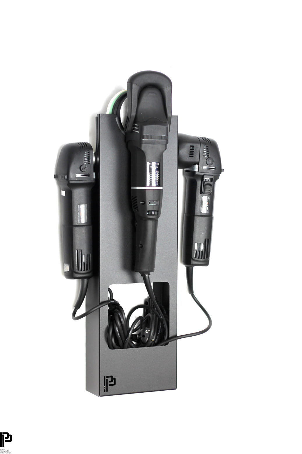 A black Poka Premium Equipment Rectangular Hanger is mounted to a white wall,