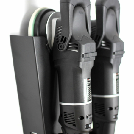 A close-up, angled, side-view of a black Polka Premium Equipment hanger for two car machine polishers.