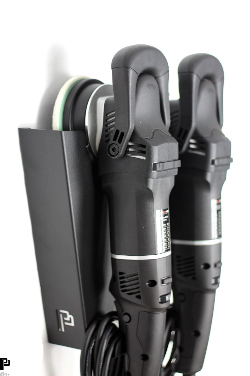 Double Hanger for Two Polishing Machines A close-up, angled, side-view of a black Polka Premium Equipment hanger for two car machine polishers.