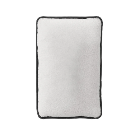 A gray foam pad with silver trimmings against a white background.