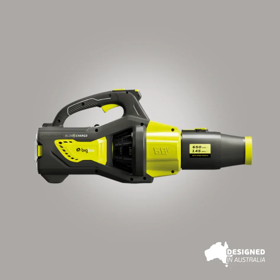 BlowR_CHARGD_-_DESIGNED_IN_AUS_car_dryer_malta The bigboi BlowR ChargD as seen from the side. The blower has yellow and black trims and boasts a prominent handle for ease of control and a large open mouth outlet.