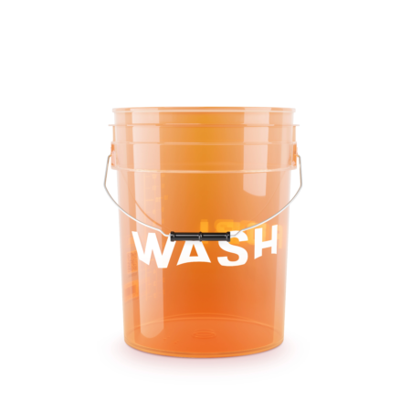 A transparent, orange 20L bucket with a black handle and black lettering that reads: "WASH".