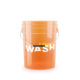 A transparent, orange 20L bucket with a black handle and black lettering that reads: "WASH".