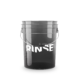 A black, semi-transparent 20L bucket with a black handle and white lettering that reads "RINSE".