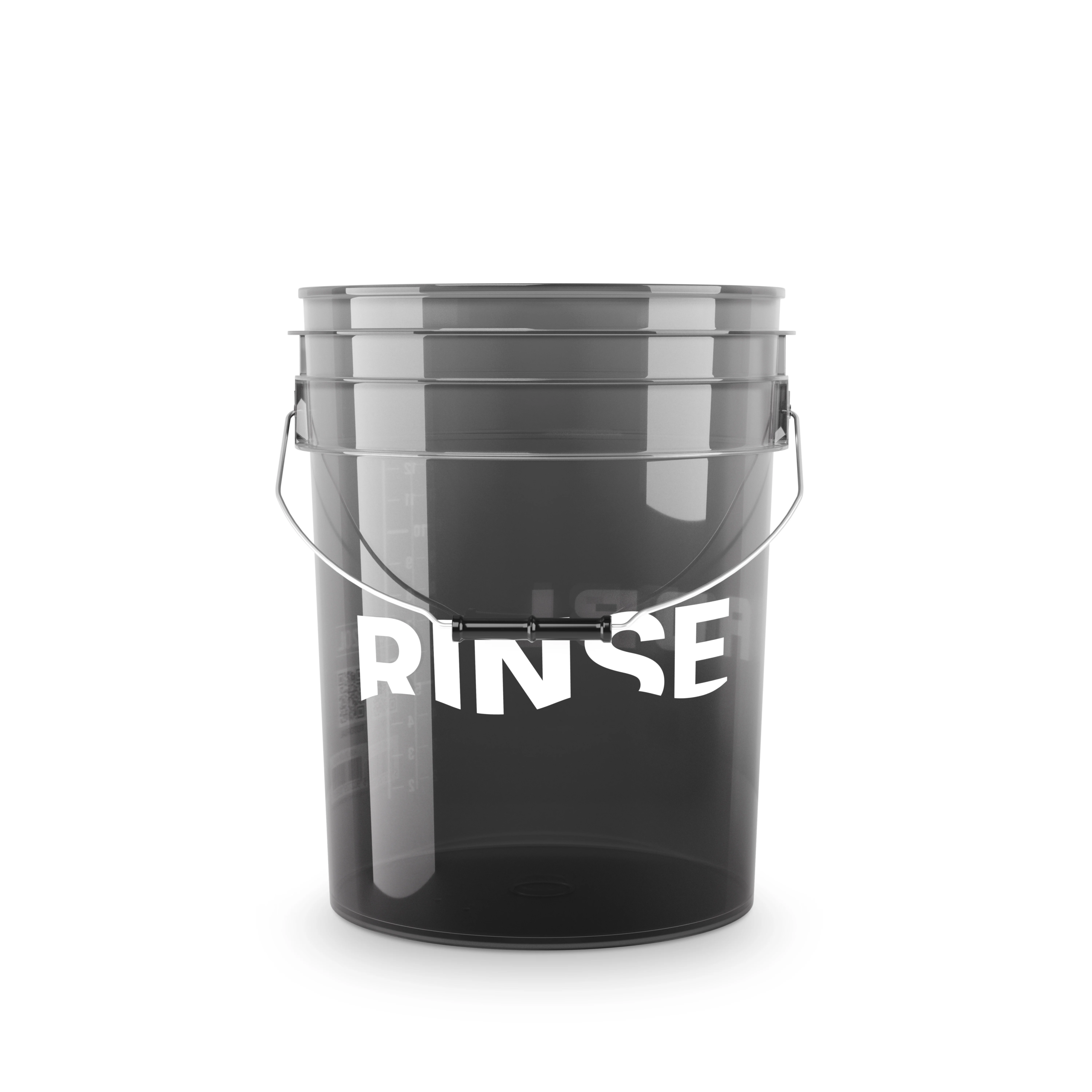 detailing_rinse_bucket A black, semi-transparent 20L bucket with a black handle and white lettering that reads "RINSE".