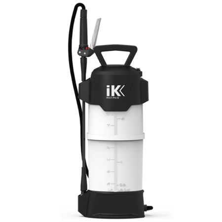 IK Multi Pro 12 pressure sprayer with white graduated tank, black carrying handle, hose, upright spray lance and black base.