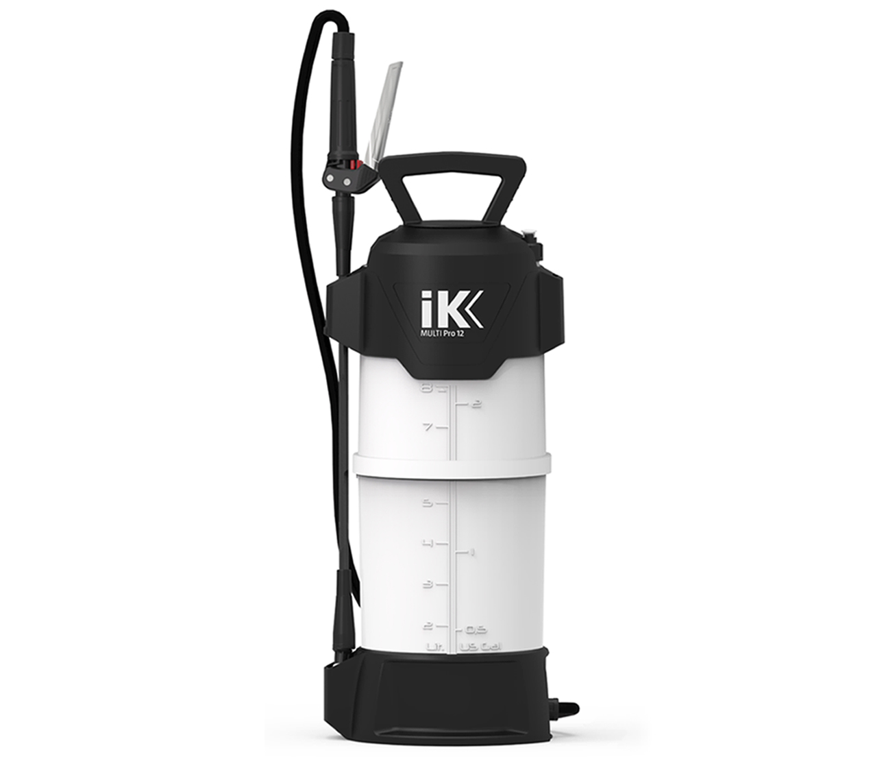 ik-multi-pro-12-8l-pressure-sprayer.jpg IK Multi Pro 12 pressure sprayer with white graduated tank, black carrying handle, hose, upright spray lance and black base.