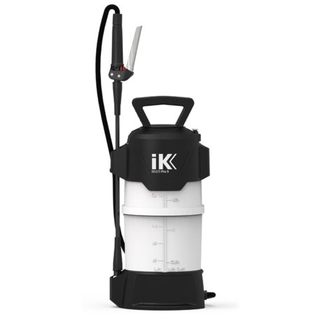 IK Multi Pro 9 pressure sprayer with white graduated tank, black pump handle, spray lance, trigger assembly, hose and black base.