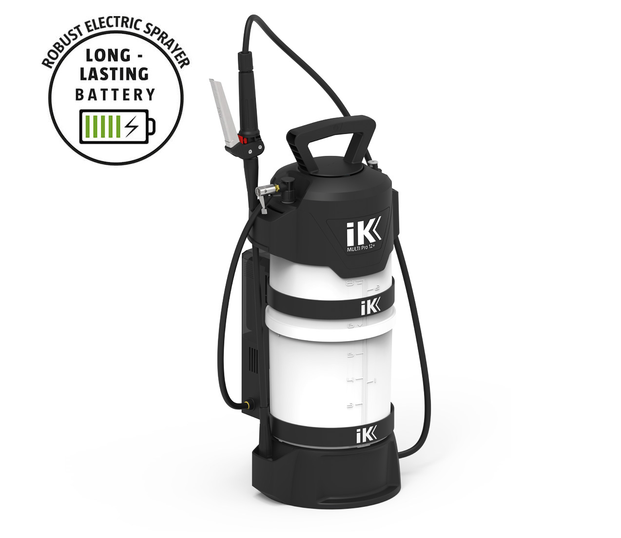 ik-e-multi-pro-12-electric-pressure-sprayer.jpg IK e MULTI Pro 12 electric pressure sprayer with white graduated tank, black compressor unit, hose and lance, alongside a long-lasting battery graphic.