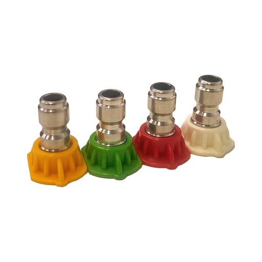 quick-release-pressure-washer-nozzle-set-4-piece.jpg Four metal quick-release pressure washer nozzles with yellow, green, red and white colour-coded bases, arranged side by side on a white background.