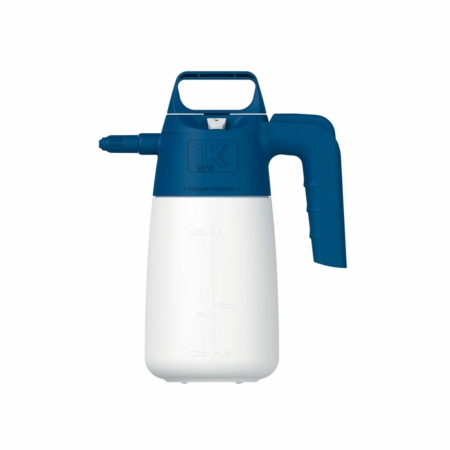 IK ALK 1.5 pressure sprayer with translucent white graduated tank, blue pump housing, side handle, top carrying handle and adjustable nozzle