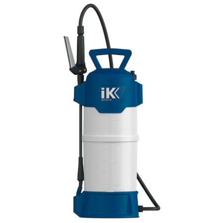 IK ALK Pro 12 pressure sprayer with tall translucent graduated tank, blue top and base, black hose and spray lance stored alongside.