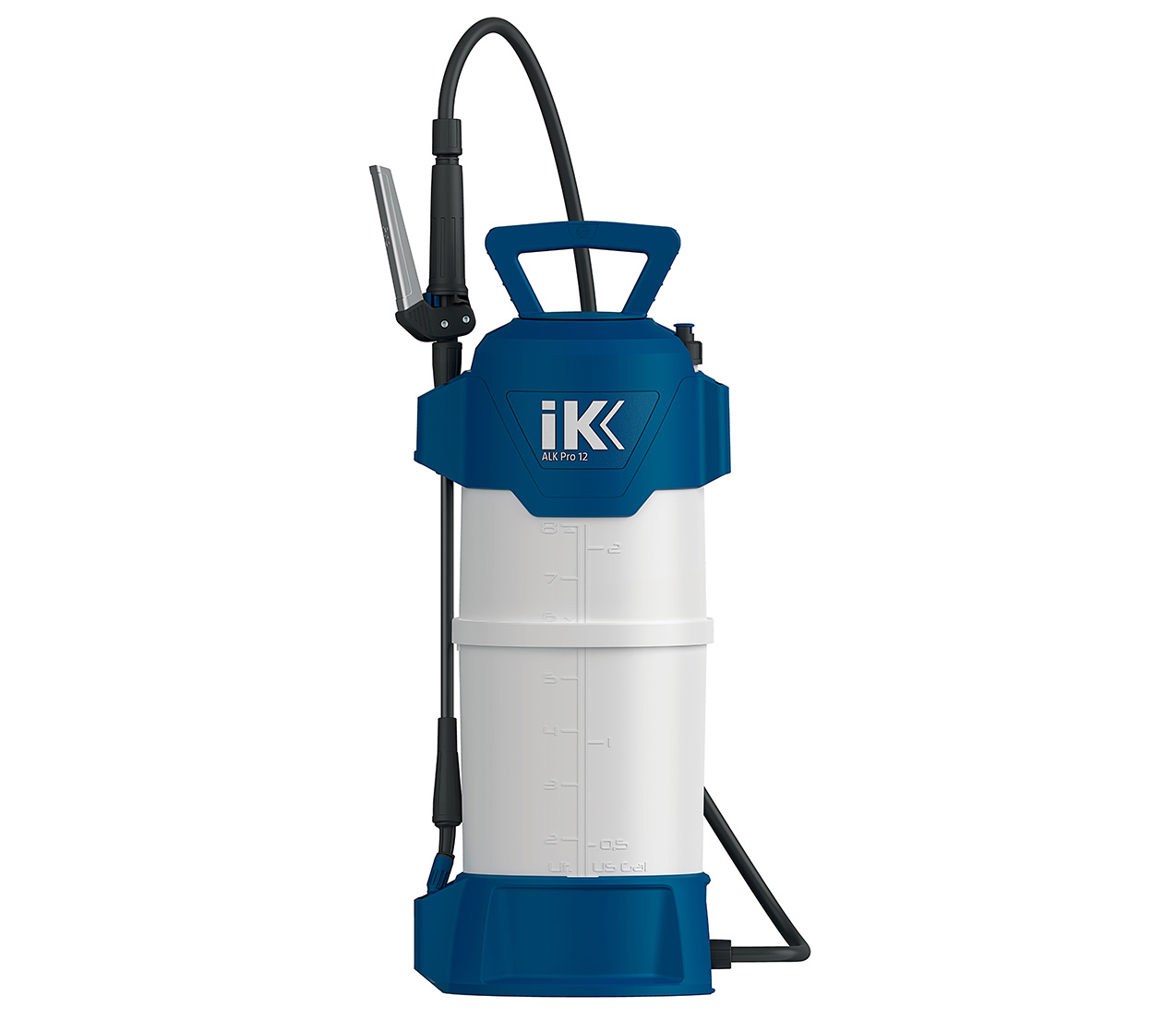 ik-alk-pro-12-alkaline-pressure-sprayer.jpg IK ALK Pro 12 pressure sprayer with tall translucent graduated tank, blue top and base, black hose and spray lance stored alongside.