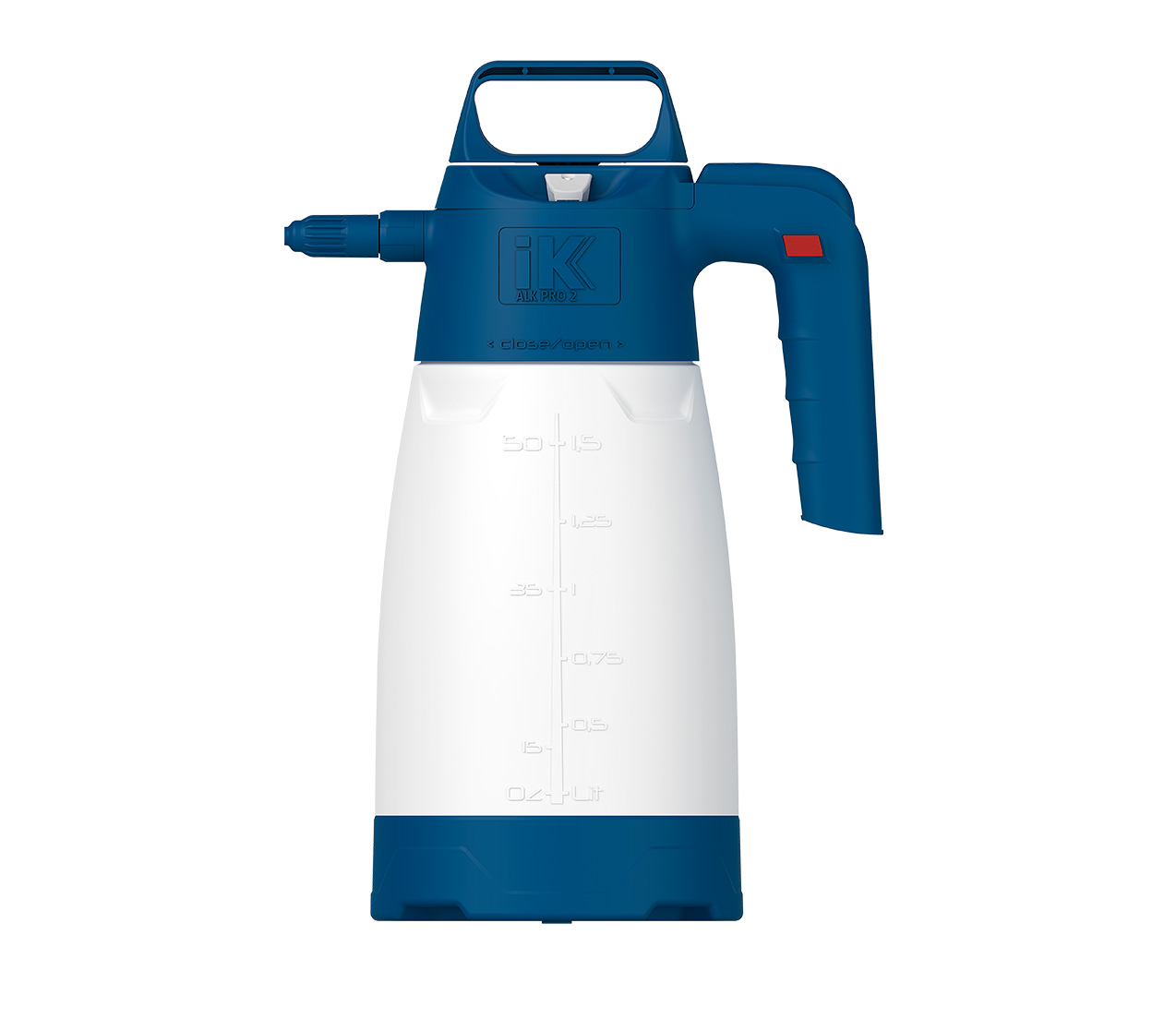 ik-alk-pro-2-alkaline-pressure-sprayer.jpg IK ALK Pro 2 pressure sprayer with white graduated tank, blue pump housing, adjustable nozzle, side handle with red button and blue base.