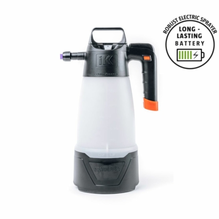 IK e FOAM Pro 2 electric foam sprayer with translucent white tank, black top and base, purple nozzle, orange handle accents and battery icon.