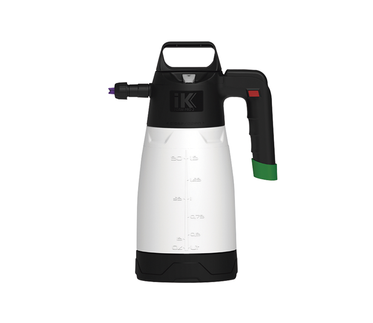 ik-foam-pro-2-manual-foam-sprayer.jpg IK Foam Pro 2 manual foam sprayer with white graduated tank, black pump housing, side handle and spray nozzle.