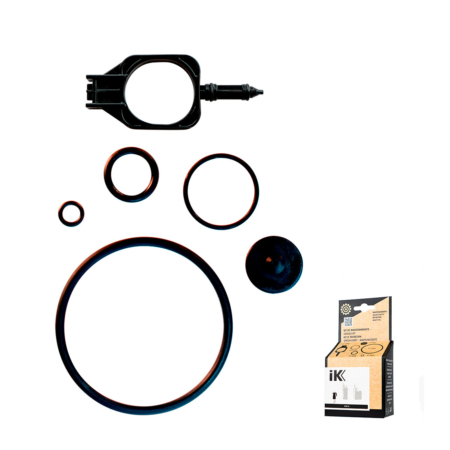 IK HC 1.5 maintenance kit showing four black rubber O-rings of different sizes, a black valve, shaft assembly and IK-branded packaging on white