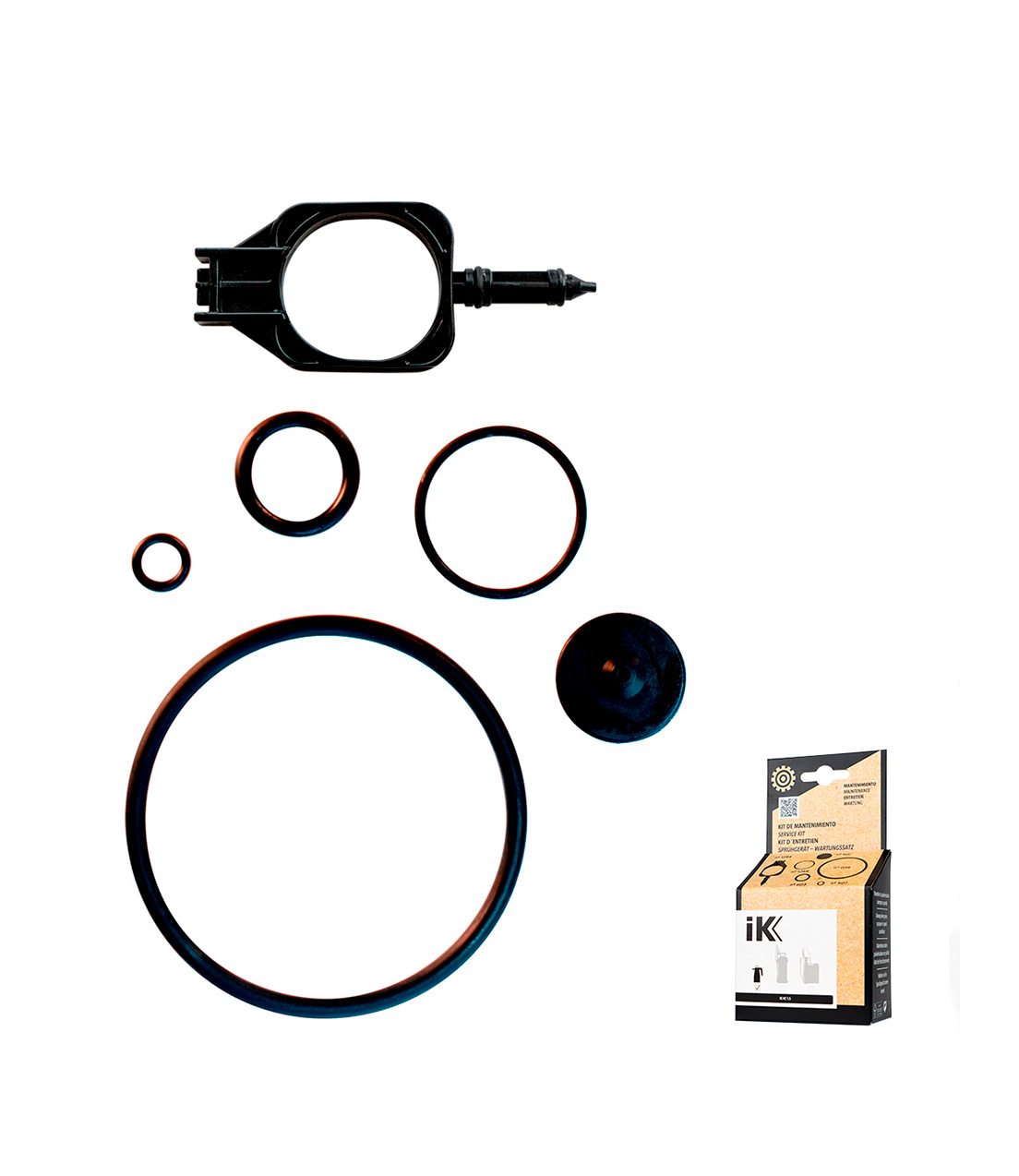 ik-hc-1-5-maintenance-kit-replacement-seals.jpg IK HC 1.5 maintenance kit showing four black rubber O-rings of different sizes, a black valve, shaft assembly and IK-branded packaging on white