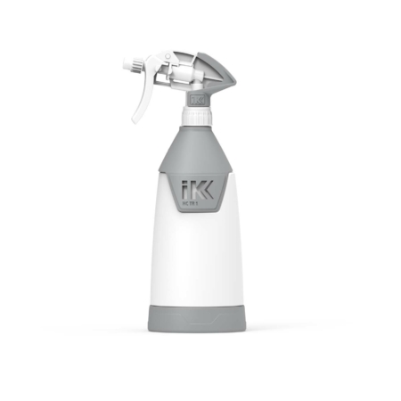 IK HC TR 1 trigger sprayer with white bottle, grey IK-branded shoulder, white adjustable nozzle, white trigger and grey base.