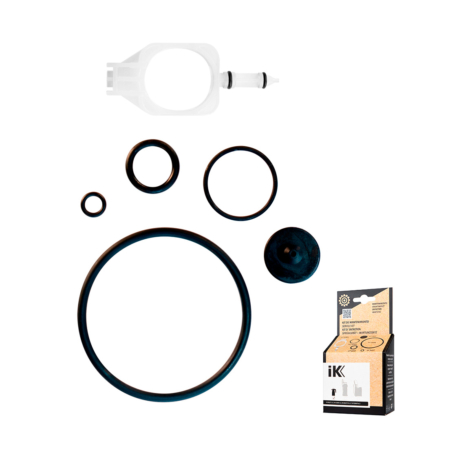 IK Multi–Foam 1.5 / Pro 2 maintenance kit showing four black rubber O-rings, a black valve, a white shaft assembly and IK-branded packaging.
