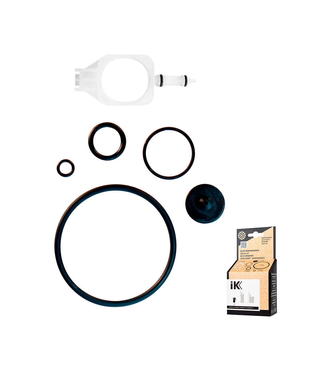 ik-multi-foam-1-5-pro-2-maintenance-kit.jpg IK Multi–Foam 1.5 / Pro 2 maintenance kit showing four black rubber O-rings, a black valve, a white shaft assembly and IK-branded packaging.