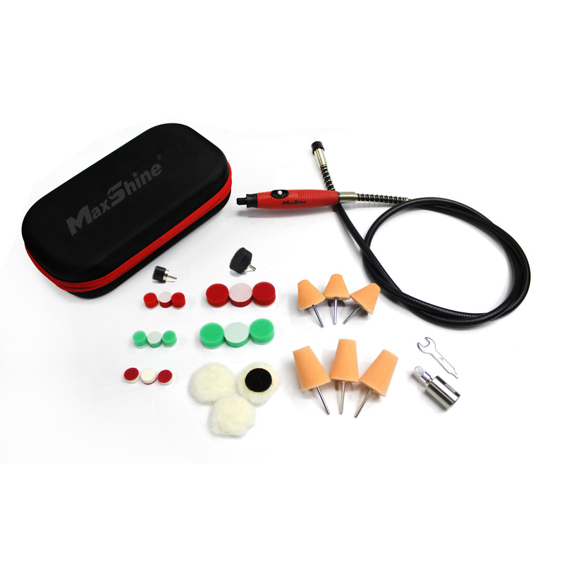 maxshine-mini-polishing-system-kit-pads-accessories.jpg Maxshine Mini Polishing System Kit with flexible shaft, carrying case, foam polishing pads, wool pads, cone attachments and accessories for precision car polishing.